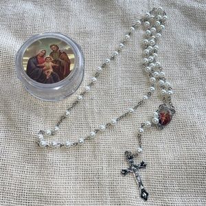 White Pearl rosary with case NewIn Case catholic Necklace Import